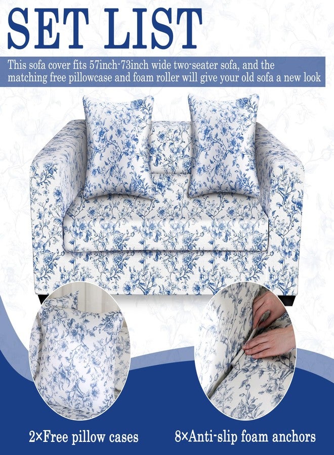 Gilprop Chinoiserie Printed Sofa Cover Stretch Couch Cover with Throw Pillow Case Blue White Floral Sofa Slipcover for Living Room Decoration(2 Seat) - Image 3